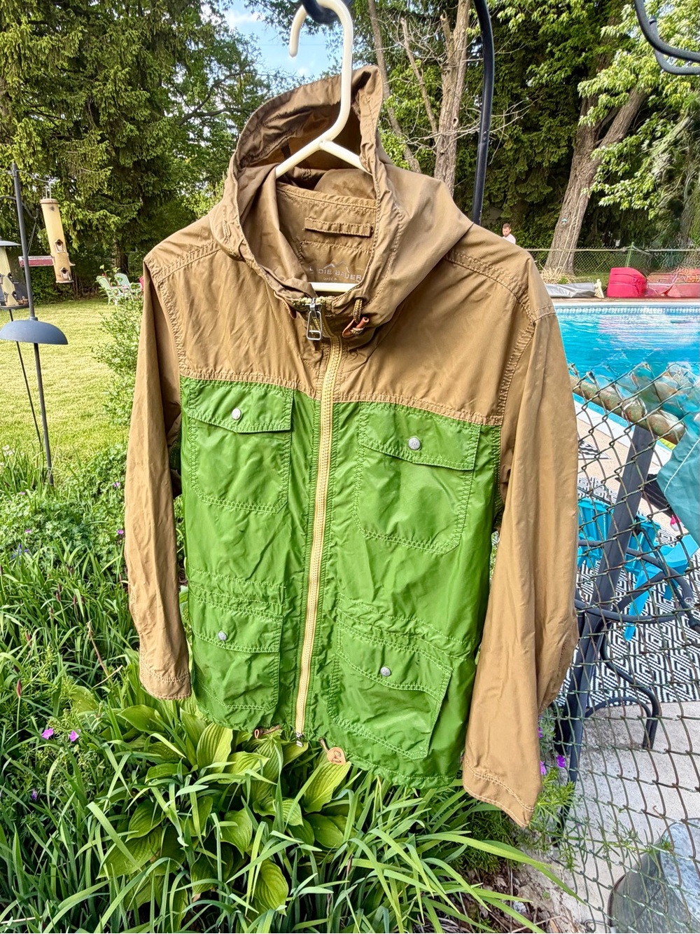 Eddie Bauer Two-Tone Hooded Windbreaker in Green and Tan